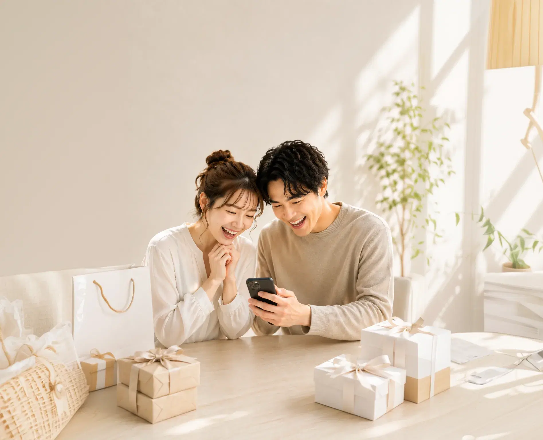 ソファで一緒にスマートフォンでネットショッピングするカップル