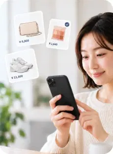 スマートフォンでカートの中身を確認する女性