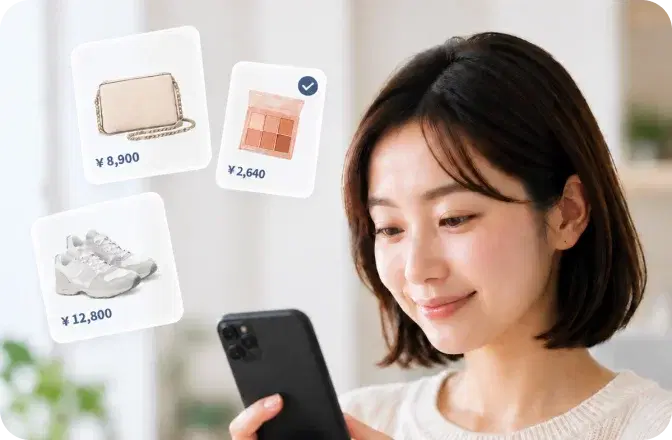スマートフォンでカートの中身を確認する女性