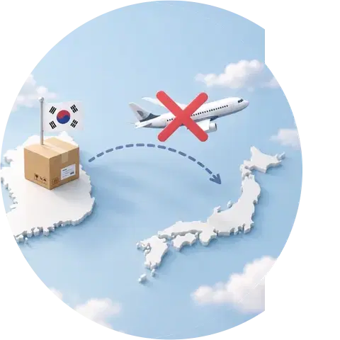 韓国から日本への発送イメージの地図と飛行機