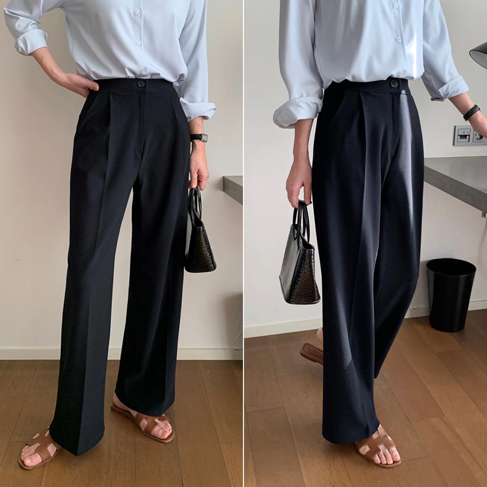 ハイウエスト バンディング ワイドスラックス ピンタック セミバンディング ワイドパンツ レディース スラックス 夏 スーツパンツ ワイドパンツ ブラック