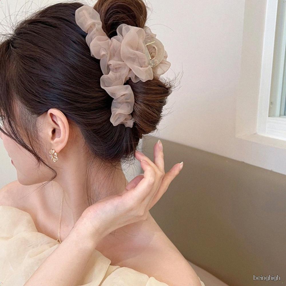 ビッグサイズ オーガンジー プリーツ ヘアバレッタ シースルー ボリュームアップヘア 留めピン ロングヘア レディース デイリールック ヘアクリップ