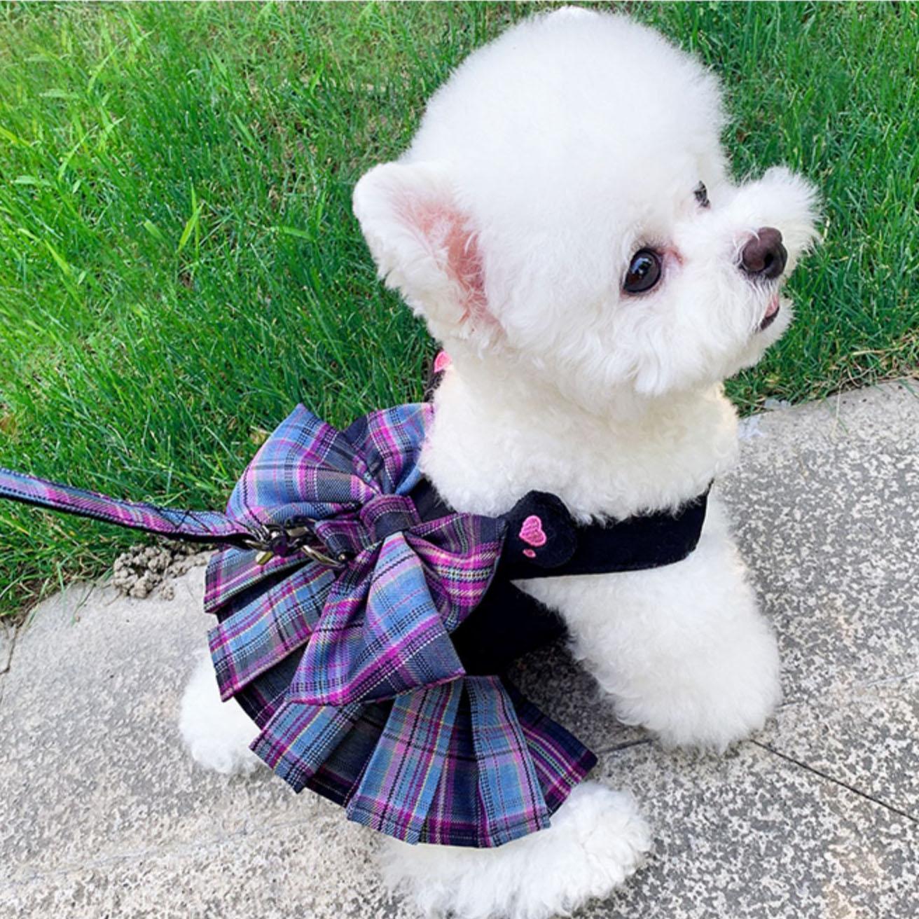 쭈쭈야 チェックリボン 犬用 ワンピース ハーネス服 リード付き 愛犬 タンクトップ ドレス 犬服