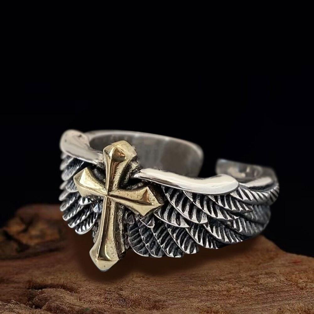 メンズ レトロ クロス フェザー グラフィティ リング パンク ジュエリー ハンドメイド アクセサリー ヒップホップ リング ギフト