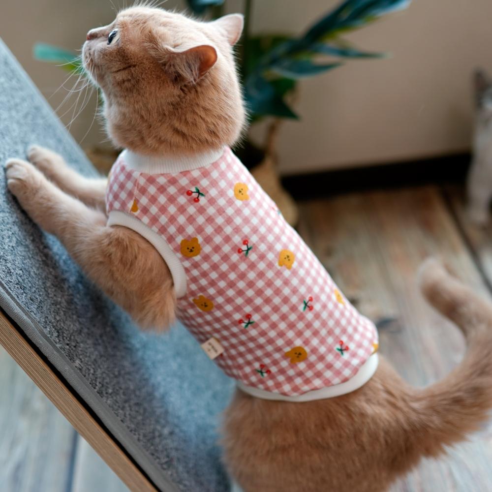 アリキャット 猫用服 四季 室内服 タンク トップ Tシャツ 着丈選択 クマチェック