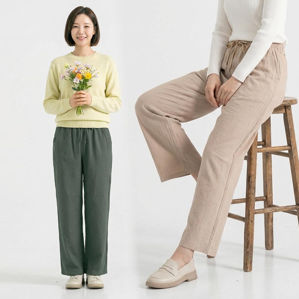 夏 린넨パンツ インセル バンディング スラックス ワイドパンツ ベージュ 麻 ストレートパンツ ワイドパンツ