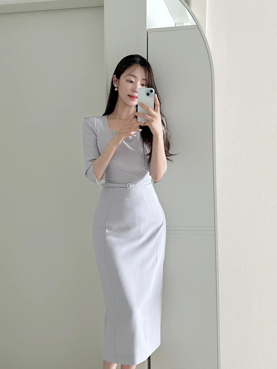 [ベルトワンピース] 自社製品 スクエアネック ベルト スリムフィット Hライン ロングワンピース フォーマル (結婚式、顔合わせ)