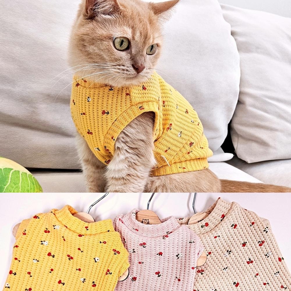 아리캣 고양이 옷 봄 간절기 티셔츠 실내복 기장 선택 티셔츠 체리 와플티