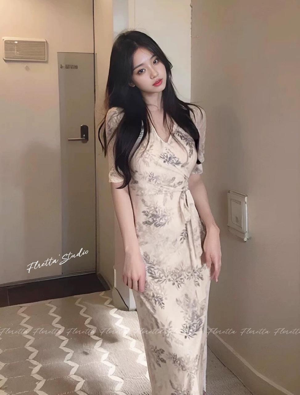 (当日配送) フローラル ラップワンピース 春夏ワンピース Vネック ラップスタイル ロングラップops お呼ばれ룩 リゾート룩