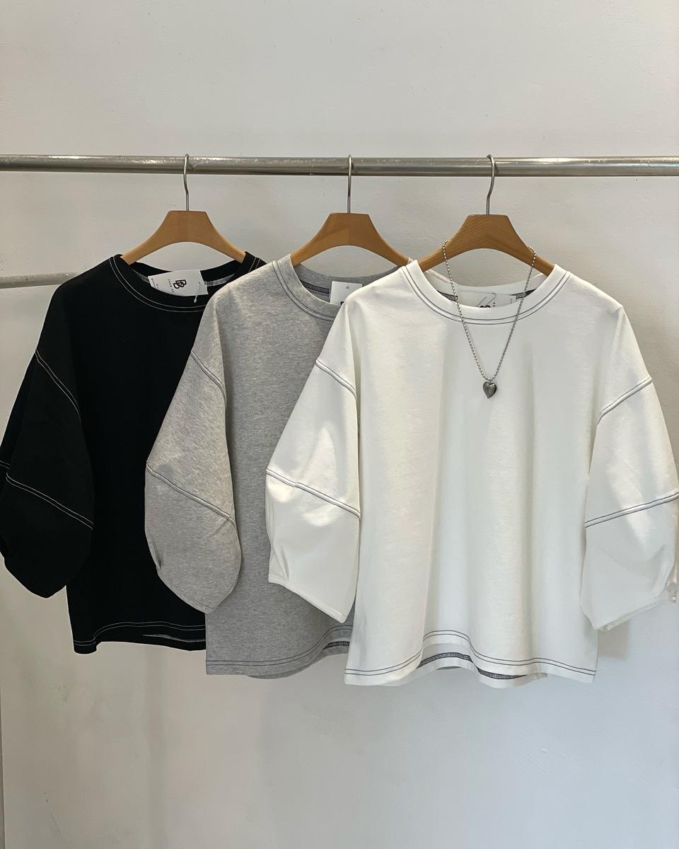 ゆったりサイズ ステッチバルーンTシャツ しっかりした生地 パフTシャツ ポイントT レイヤードトップス 7分袖ラウンド