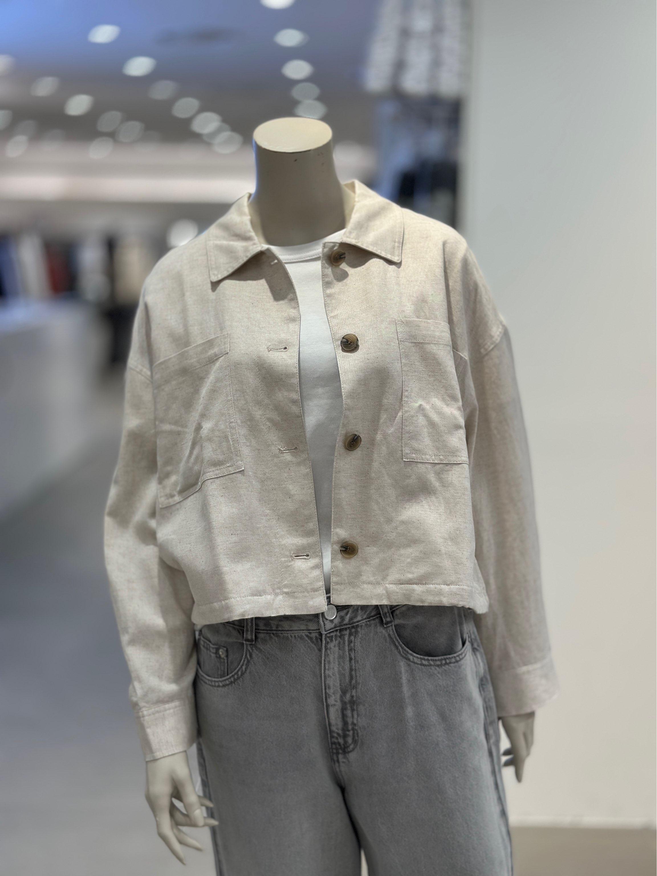 [GIORDANO] レディース リネン ルーズフィット セミクロップド カラーボタン 夏 ジャケット 05373511 373511