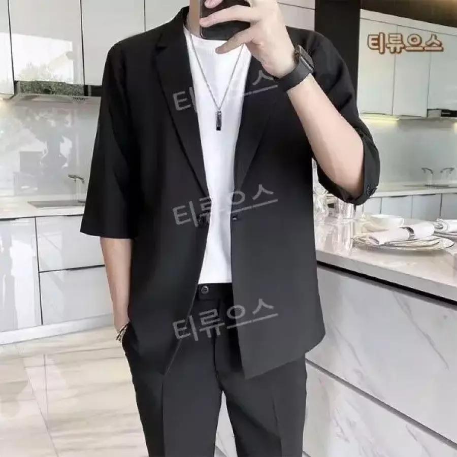 남자여름마이 냉감 시원한 빅사이즈 오버핏 베이지 반팔 콤비자켓 캐주얼데이트룩