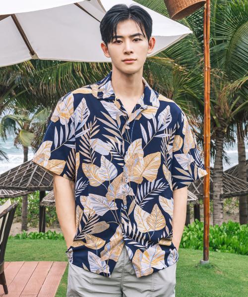 [HERRINGBONE] メンズ ルーズフィット ハワイアンシャツ 半袖 リゾートスタイル ビーチウェア トップス (2color) /NI102M 105284