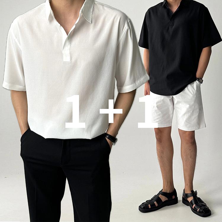 1+1 링클프리 남성 린넨 셔츠 반팔 와이셔츠 흰색