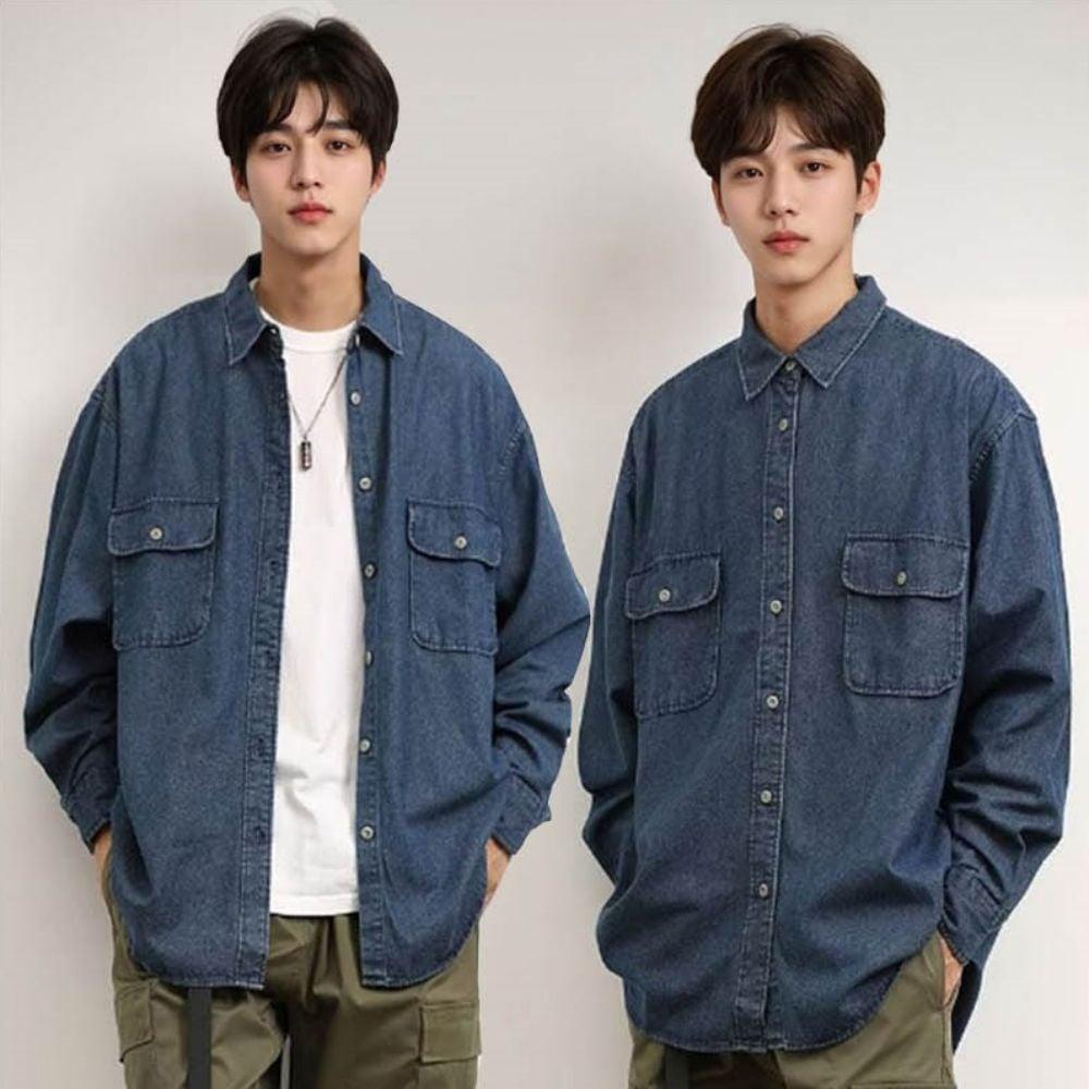 오버핏 적당 데이트룩 남성 청남방 캐주얼 데님셔츠 LWFFXQFW