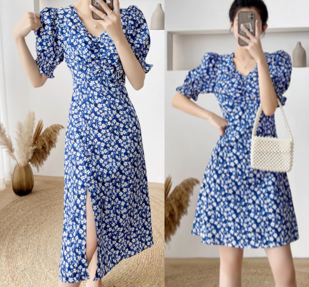 小花柄 ミニロングワンピース ブラックピンク ジスワンピース ロゼ フラワーワンピース M-2XL ビッグサイズ服