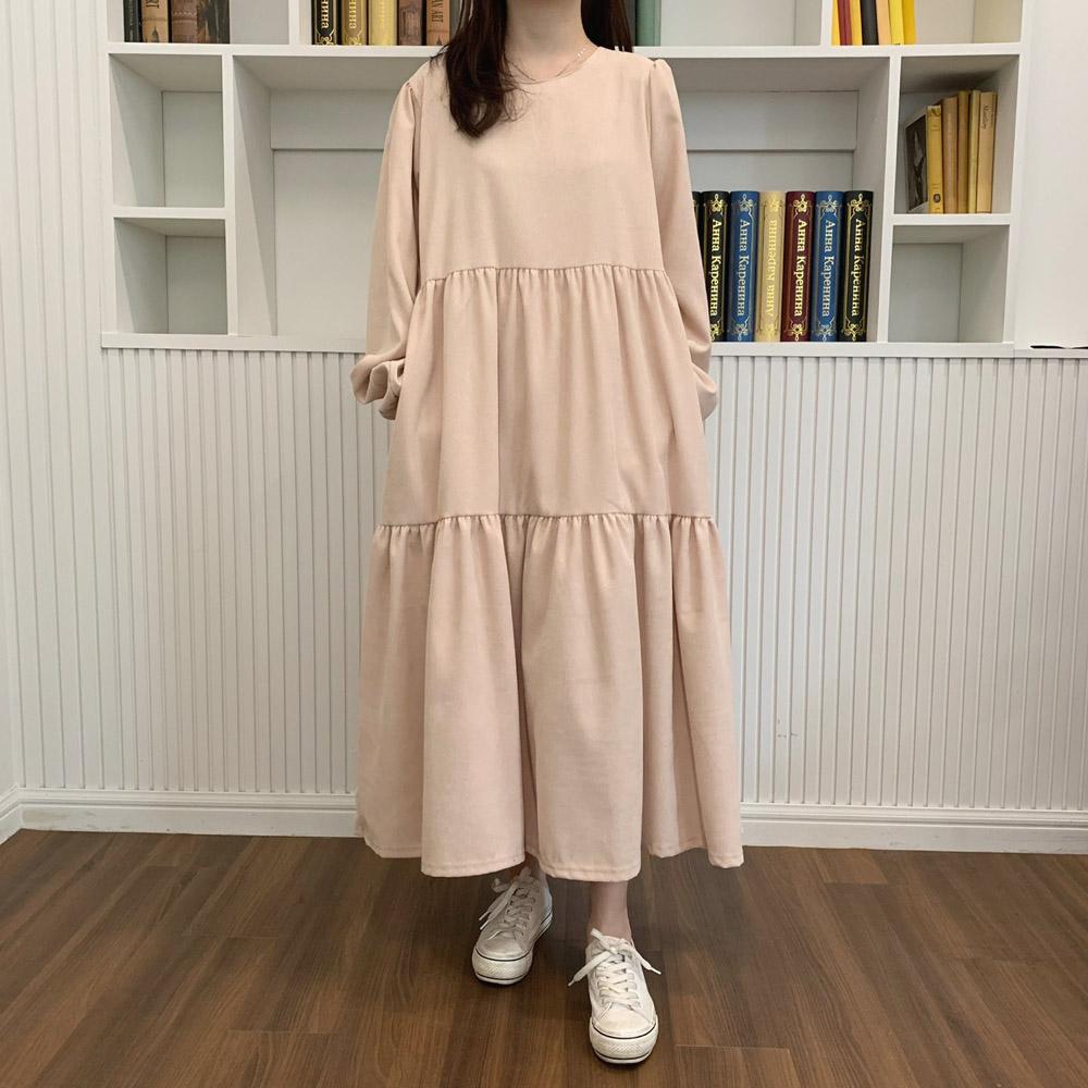 コーデュロイワンピース パフスリーブ ビッグシルエット ロングワンピース フリル素材 秋 冬 ブラック ベージュ ピンク