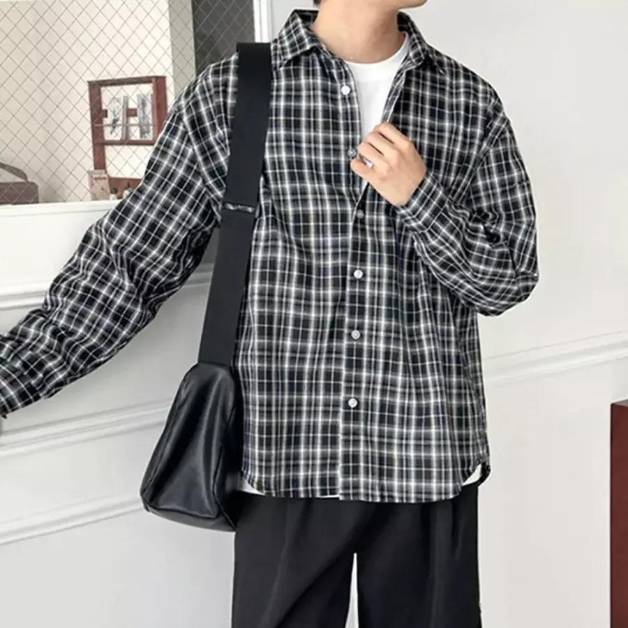 오버핏 체크 셔츠 빅사이즈 셔츠 봄/가을 남자 데일리 캐주얼 데이트룩 남성 긴팔