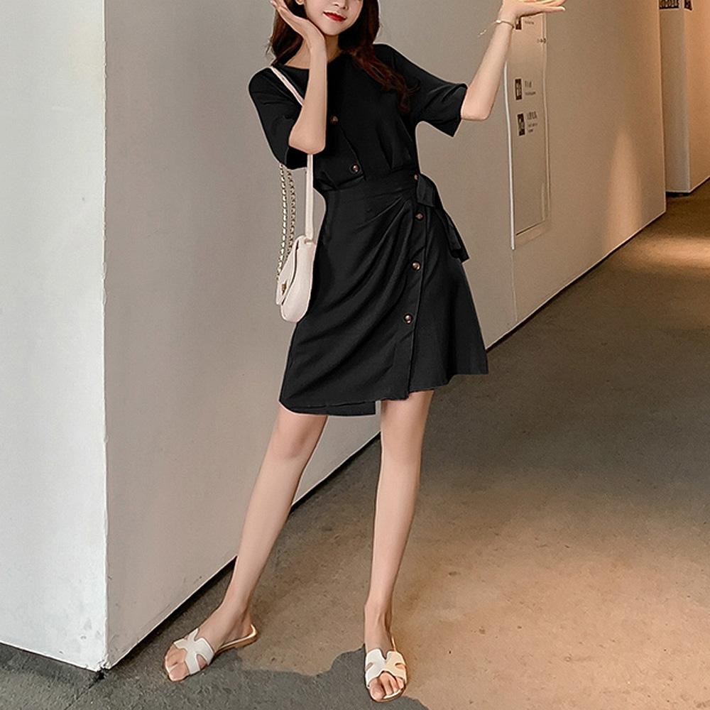 即日発送 ウエストストラップ ブラック・ピンク オフィス 結婚式参列スタイル Aライン ラップワンピース