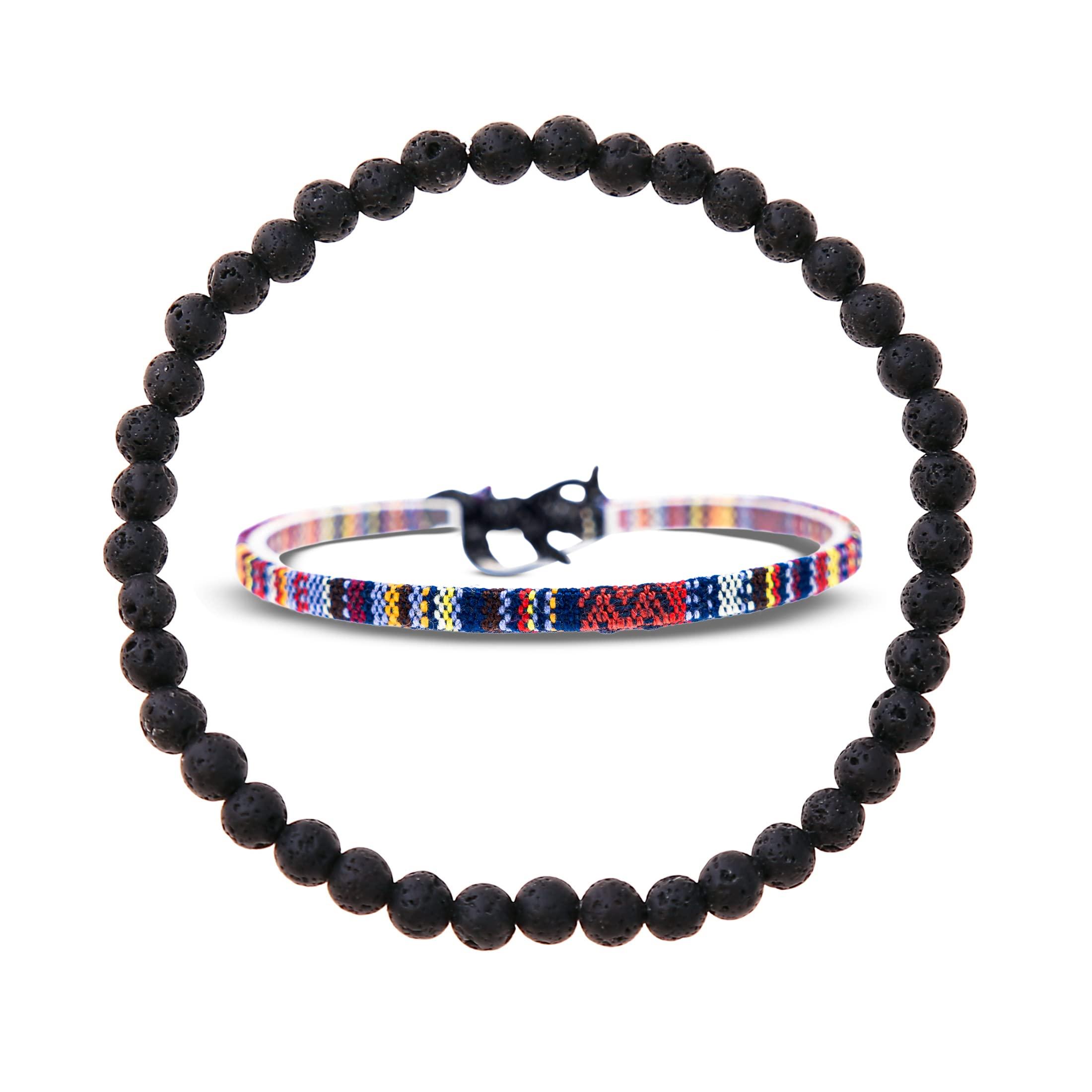 Nami 여성 및 남성 패션 서퍼 팔찌 2개 세트 오리지널 히피 보헤미안 매듭 액세서리 Lava Beads & Dark Multi