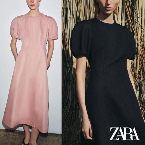 [ZARA] ZARA レディース リネンブレンド ミディ半袖ワンピース ZWコレクション ラウンドネック ブラック ピンク