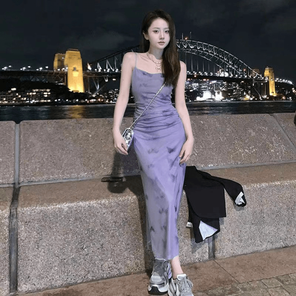 レディースシャーリングロングストラップキャミミニワンピース バカンス 夏 スリム デートスタイル ブーティーフェミニン ホリデー エレガント