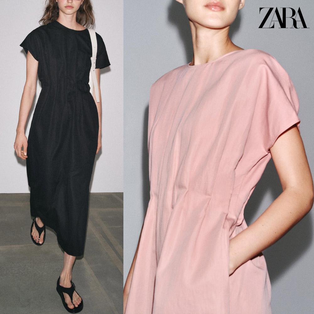 ZARA レディース ミディ ワンピース タック ZW COLLECTION リネン混 半袖 ブラック ピンク 4333041