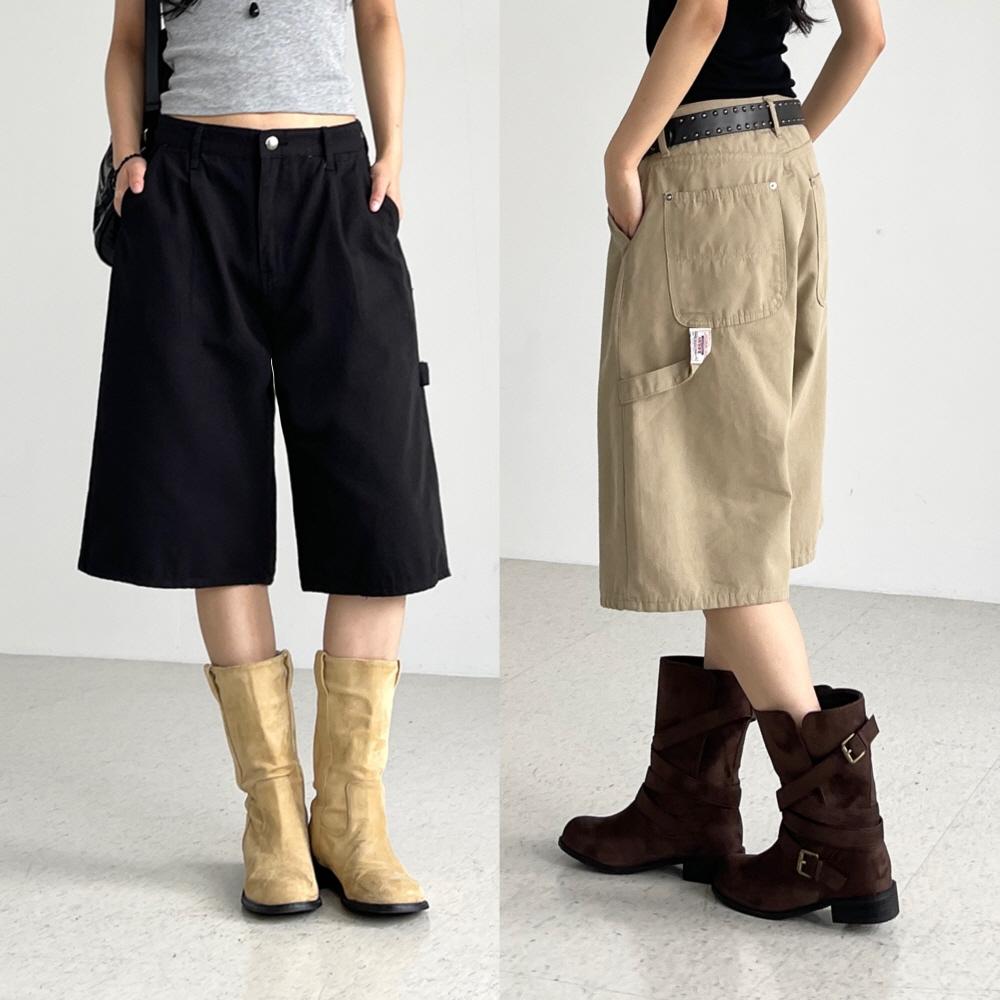 バミューダパンツ レディース コットンパンツ 夏 5分丈 ハーフパンツ ピンタック ワイドパンツ Aライン 低身長女子 アース カラー カーペンター バミューダ