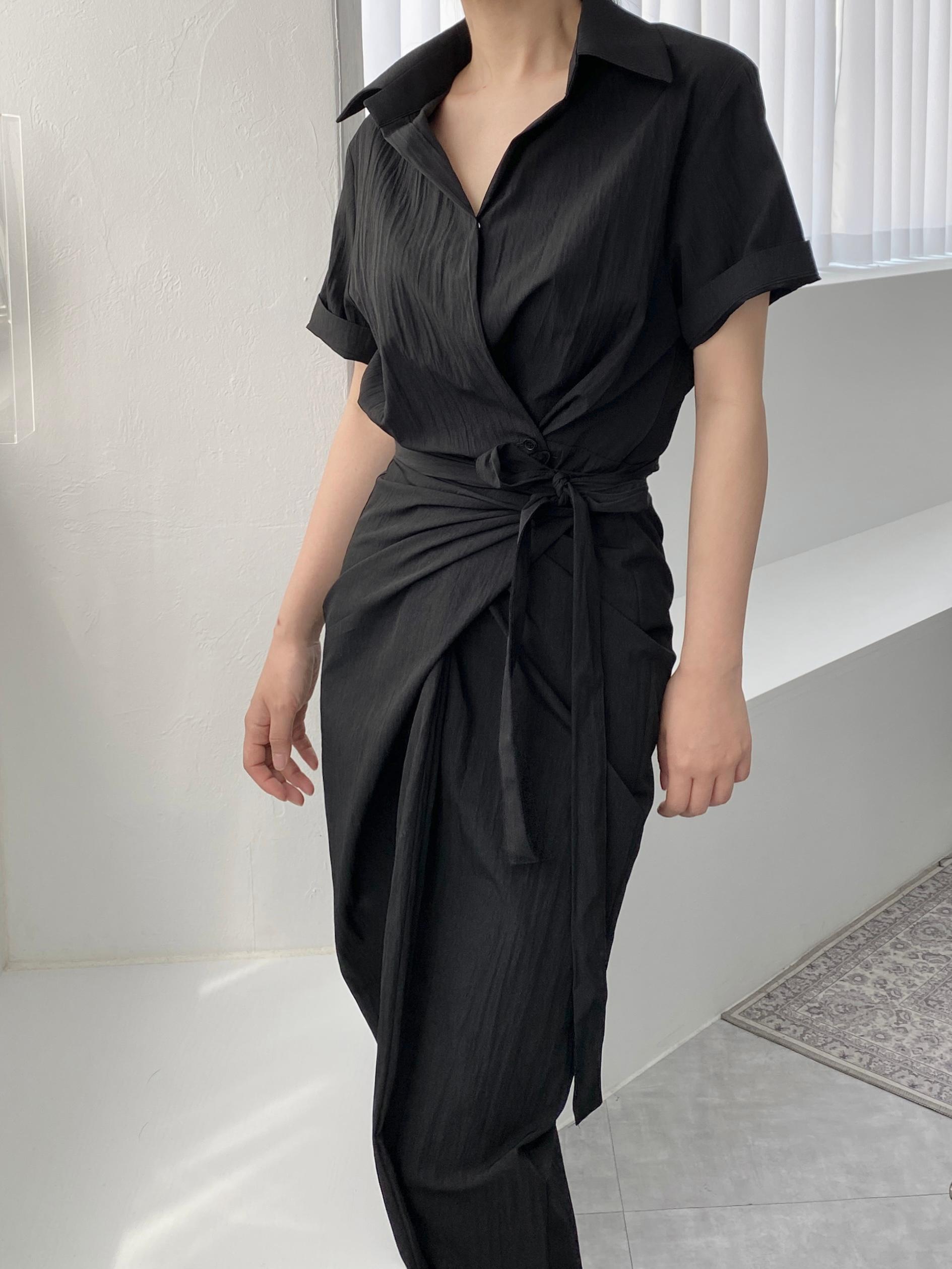 [結婚式お呼ばれ/デートコーデ] 半袖 襟付き シャツ ラップ ねじり ロング ワンピース ヨニル 夏