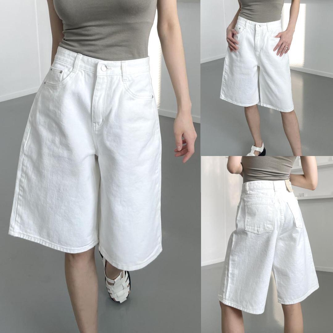 夏 レディース バーミューダ ショートパンツ ハイウエスト セミワイド 5分袖 Aライン リゾート サマー 低身長さん向け ホワイトデニム