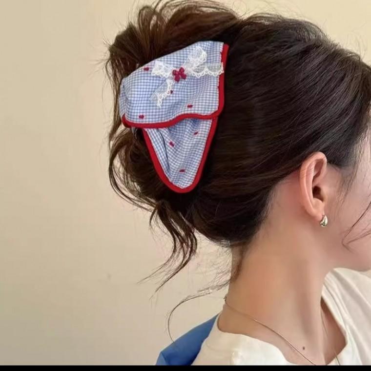 デイリールック レディース チェック柄ファブリック マンドゥ型クリップピン アップヘア ハーフアップ ヘアピン