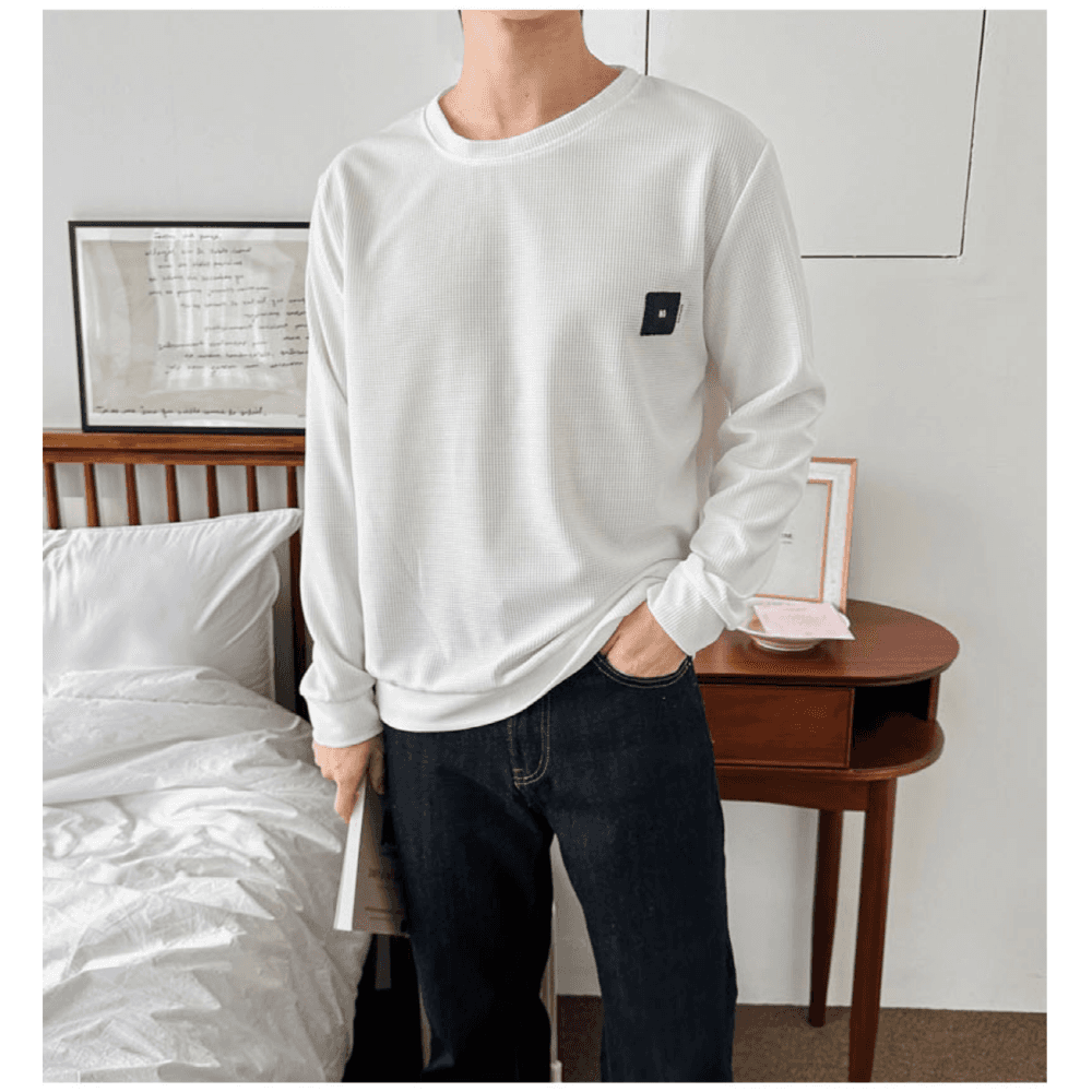 종5 ロングスリーブ 長袖Tシャツ ワッフルT パッチ ステッチ カジュアルルック デイリーファッション