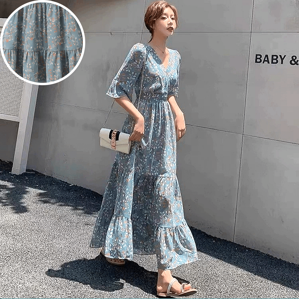レディース ブルー フラワー Vネック 半袖 ロングワンピース ウエストバンディング フリル 女性 シフォン 夏 マキシ カンカン ラブリー