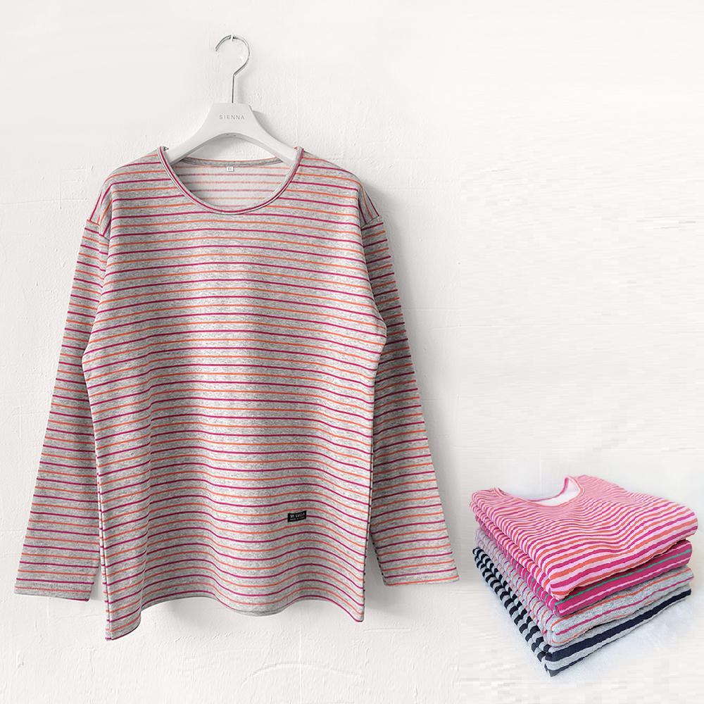ハニーママ コットン 裏起毛 おばあちゃん服 ストライプ Tシャツ 長袖Tシャツ 冬 介護施設 暖かい ママ 室内着