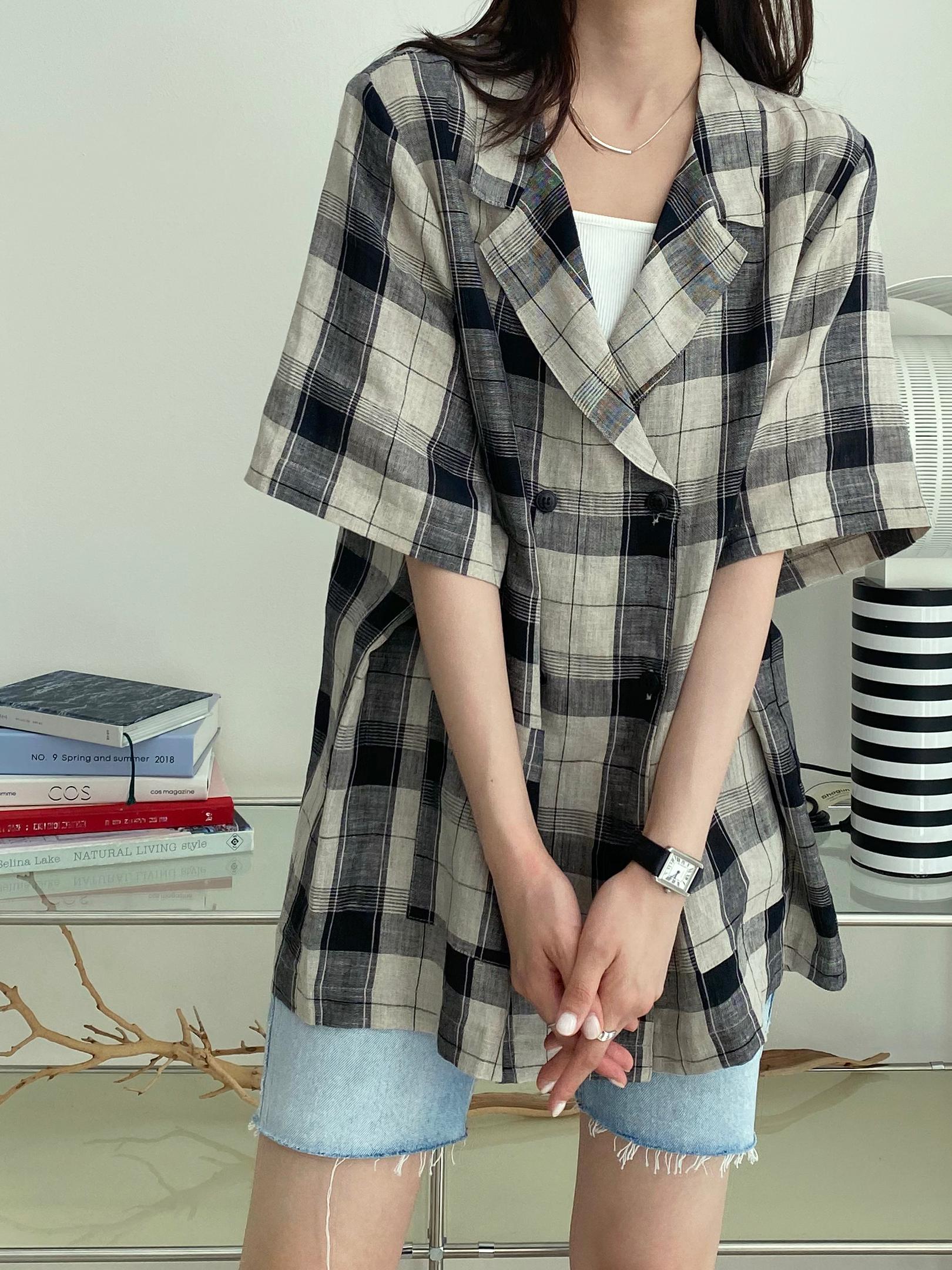 빅사이즈 여성 여름 체크 린넨 자켓 2color