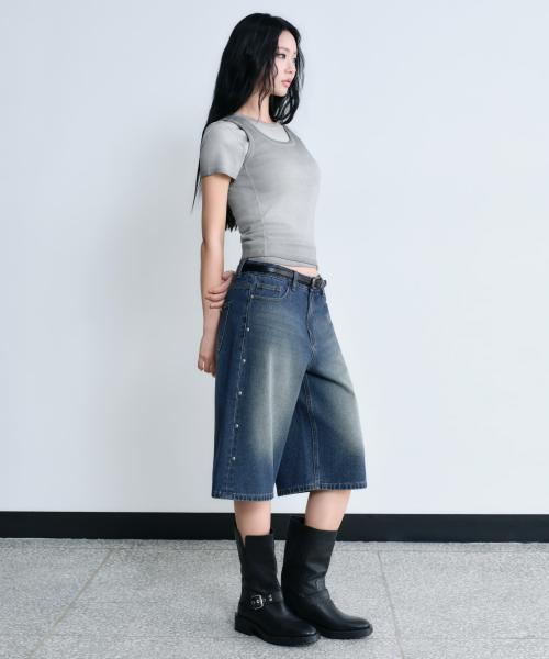 MUSINSA STANDARD WOMAN musinsastandardwoman ムシンサ ウィメンズ スタッド デニム スケーター ショーツ ミディアムインディゴ ネイビー