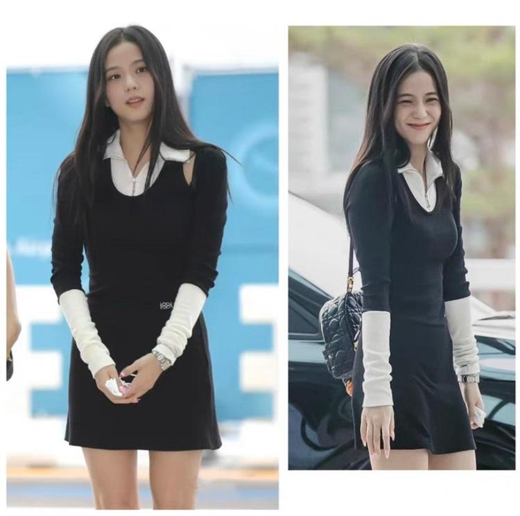 블랙핑크 지수 공항패션 어깨트임 소매워머 포인트 원피스