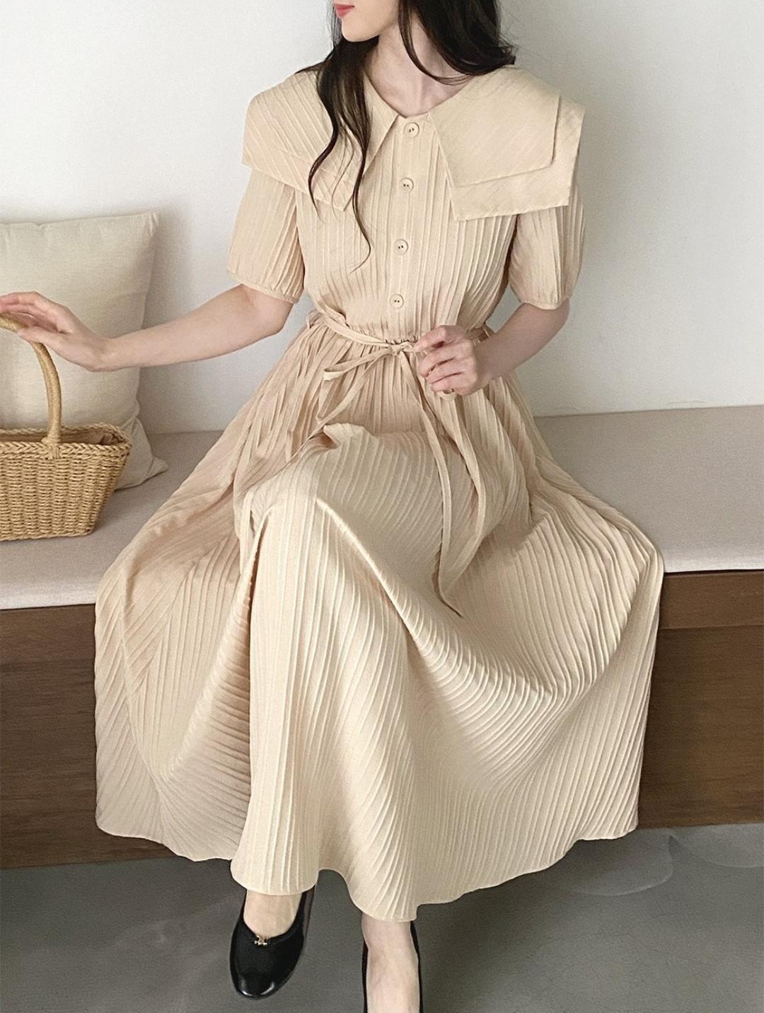 누뜨몽 더블 빅카라 요루 원피스 롱스커트 여름 반팔 오피스룩 블랙 핑크 민트 베이지