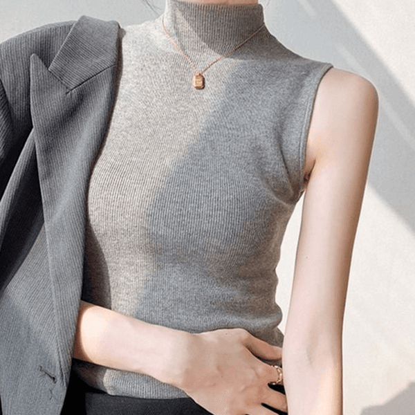 リブ編み レディース ノースリーブ Tシャツ タートルネック レディース ハーフネック Tシャツ インナー トップス