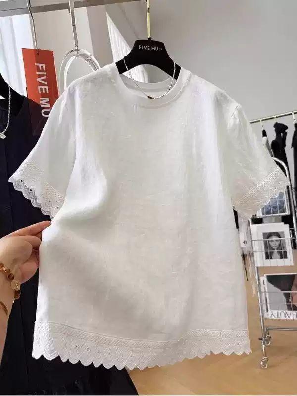 レースフリルトリミング半袖Tシャツ ミウセ ペク・チヨン Tシャツ フェミニン オーバーフィット 後ろスリット セクシー ピンター風 スタイル 半袖Tシャツ ルーズフィット 後ろ開き 半袖 デイリー 夏休み ホワイト トップス M