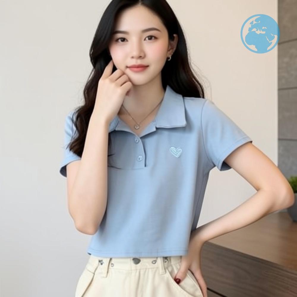 카라넥 단추 여자티셔츠 여성상의 크롭반팔티
