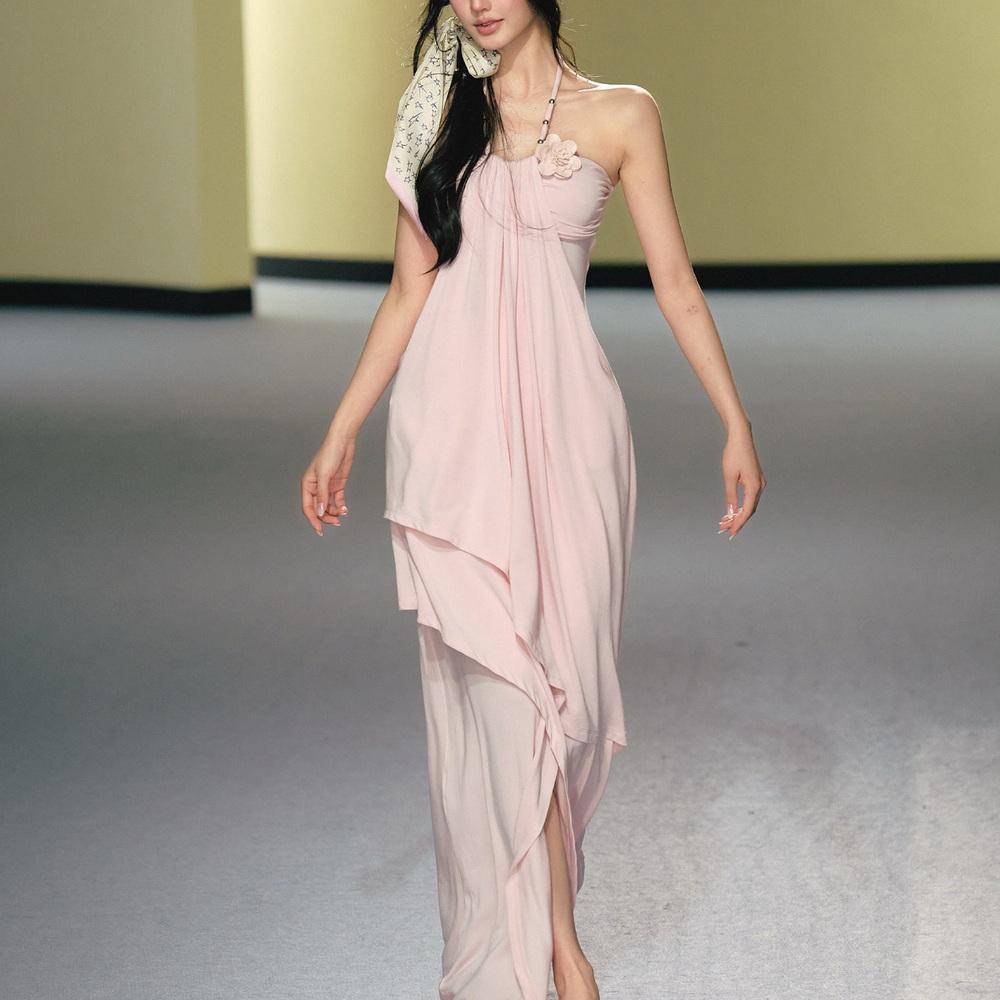 AGAM 48% Tencel ホルターネック チューブトップ ロングワンピース ブラック ピンク