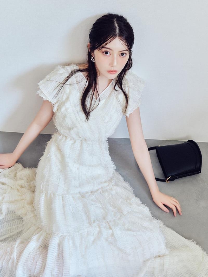 [FRAY I.D] フレイ アイディー Fringe Jacquard Tiered Dress Black Pink White