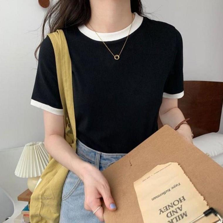 ラウンド 配色 半袖Tシャツ 春 夏 デイリー Tシャツ レディース トップス デイリールック レディース春Tシャツ 無地