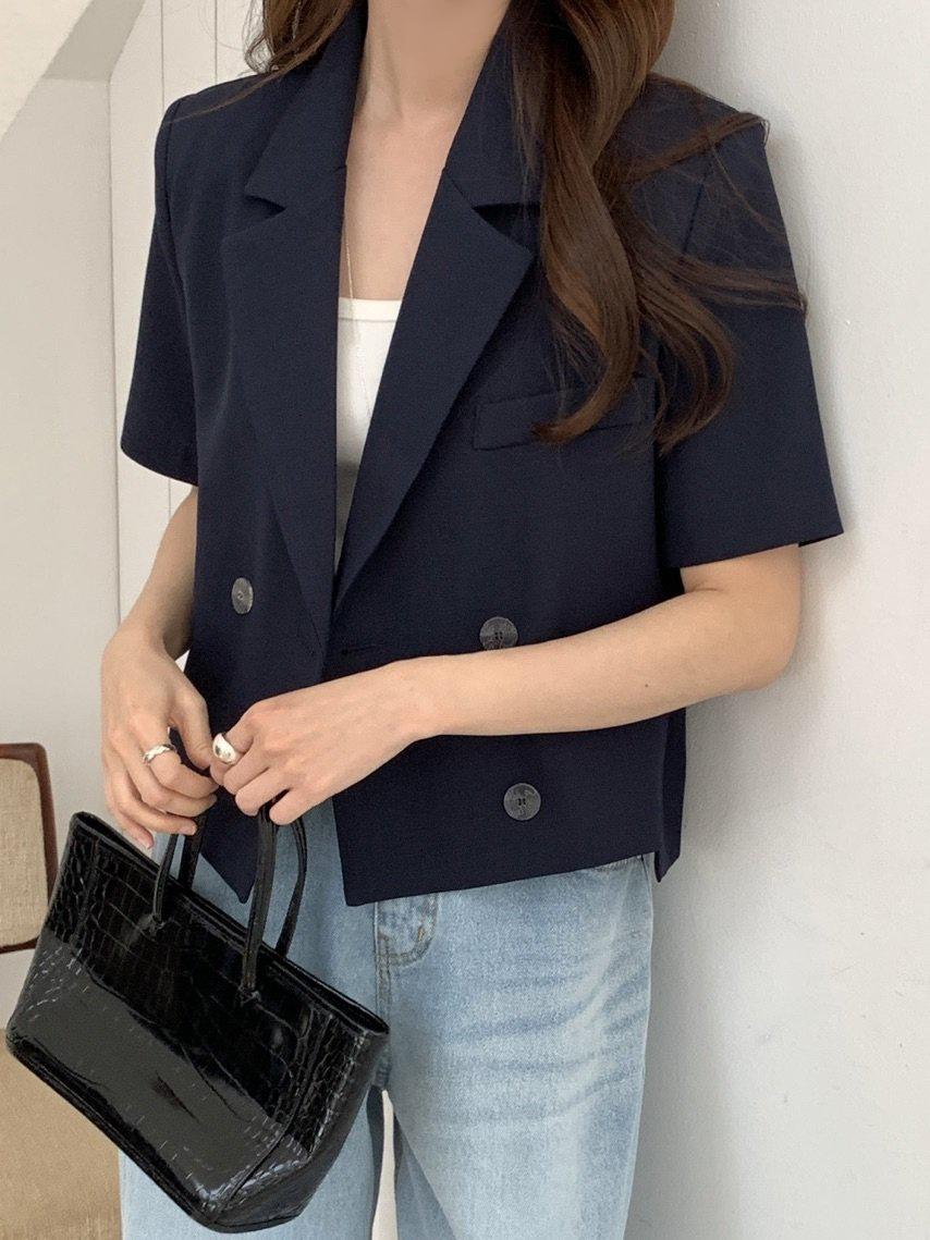 ダブルボタン カラーネック シングルレイヤー 夏 半袖ジャケット クロップド デイリージャケット 涼しい レディース アウター ボートジャケット