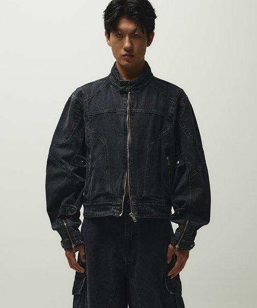 [DIAN TEE PLATFORM] オーバーフィット クロップ ライダース デニム ジャケット (ブラック) TAPJ007-BK