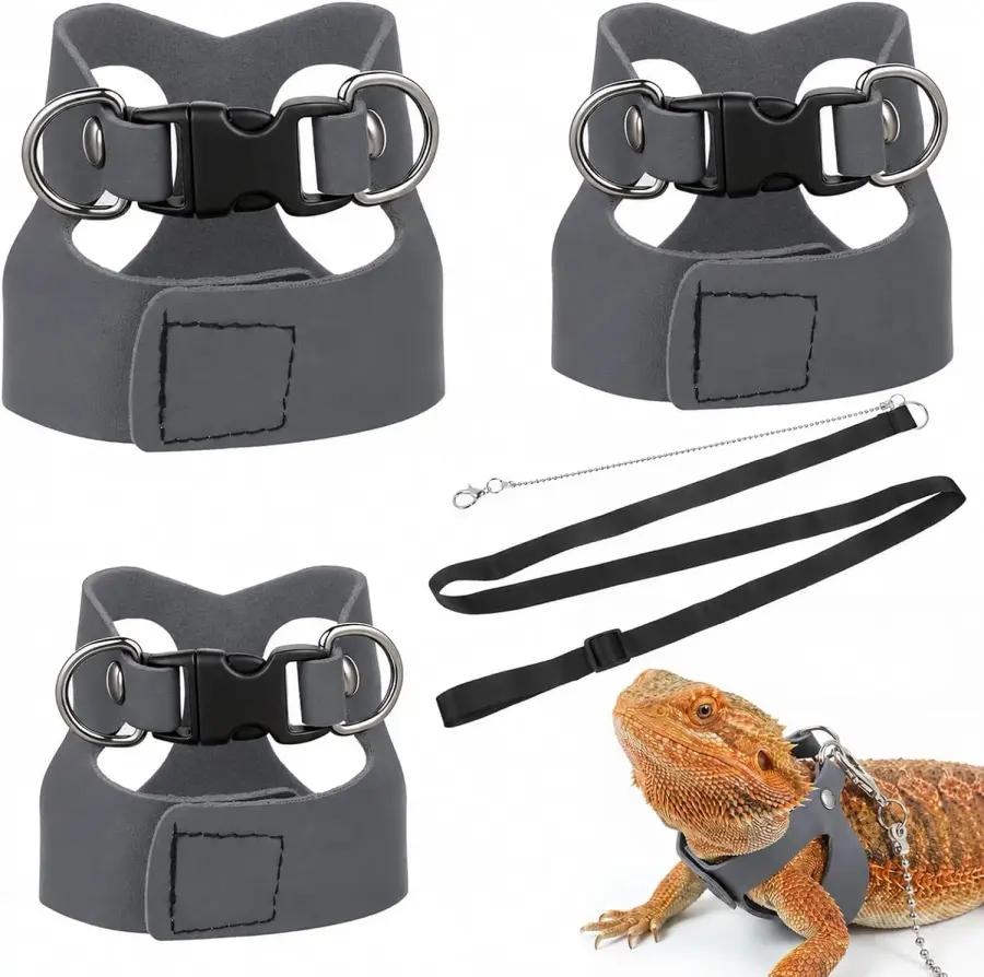 ビアーデッドドラゴン用 リード＆ハーネスセット 3パック 爬虫類 小動物 トレーニング用 トカゲコスチューム 3サイズ 着脱簡単 グレー