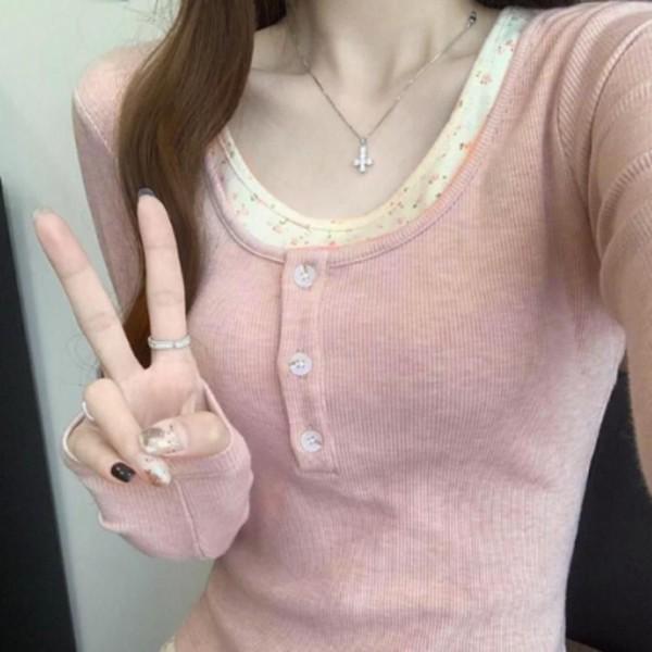 플라워 티셔츠 여성 러블리 레이어드 골지 여성상의 패션티셔츠 여자상의 데일리룩