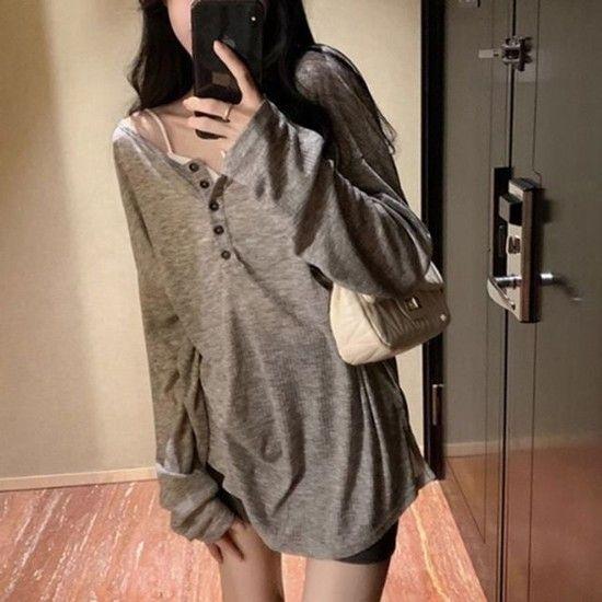 베이직 보트넥 버튼 루즈핏 티셔츠 여성상의 패션티셔츠 여자상의 데일리룩 캐주얼상의