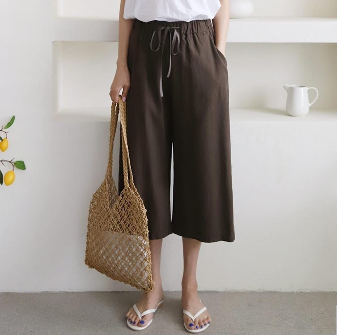 夏 リネン 7分丈 ワイドパンツ 涼しい バンディング 麻パンツ ビッグサイズ ベージュ 칠부바지